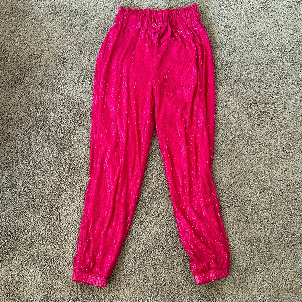 Hot pink sequin jogger pants, size medium